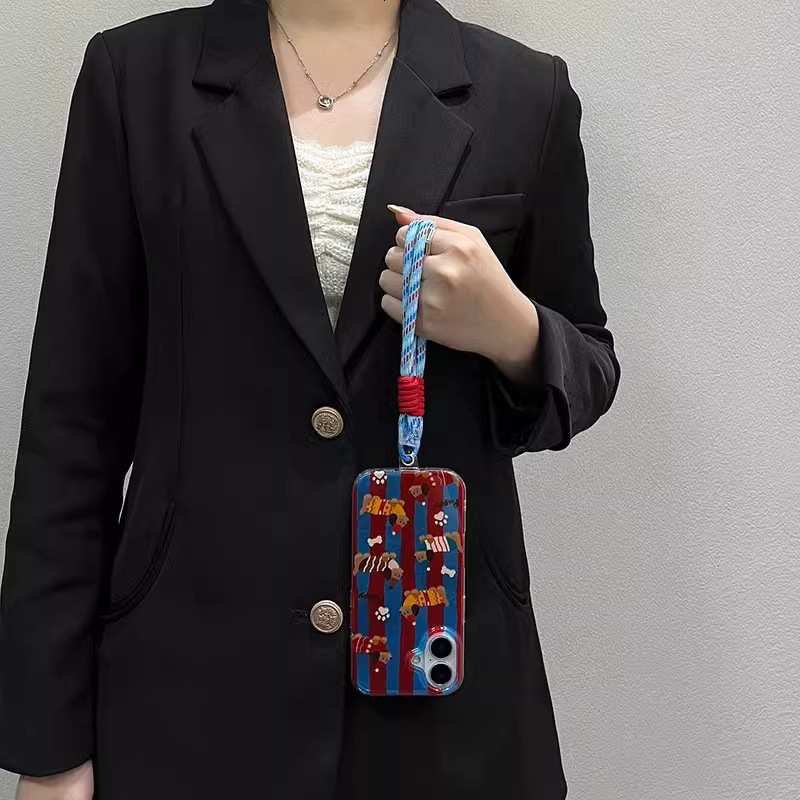 Ins Style Blue and Red Striped Dachshund Dog Case for Pro Max, Compatible with iPhone 13, Apple 15/14, Crossbody 16
