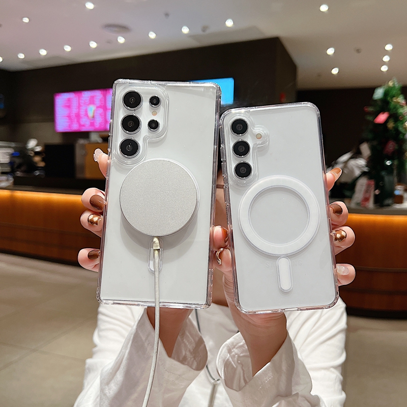 S26 Edge Magnetic Wireless Charging Shockproof Case For Samsung S25 FE S24 Ultra S23 Plus S22 A07 A17 A26 A36 A56 A55 A15 A16 Transparent Hard PC Acry