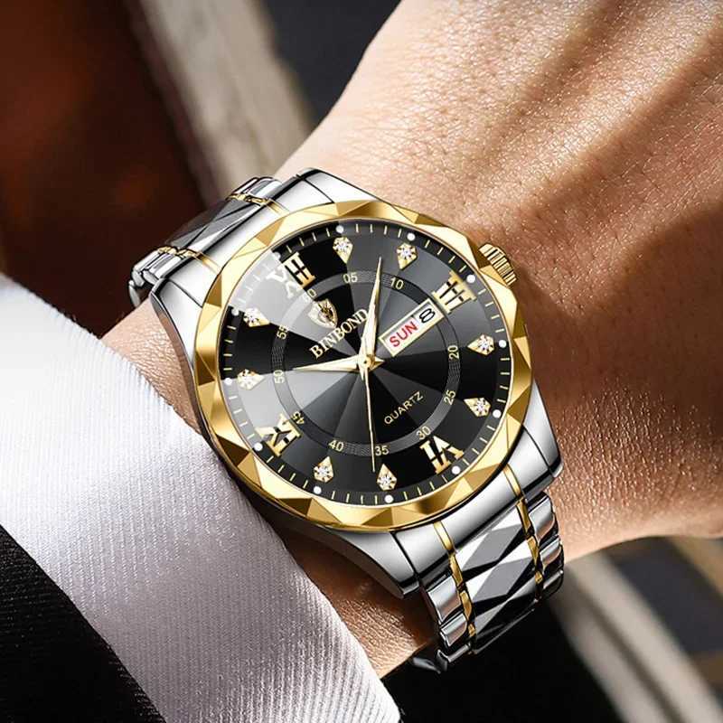 BINBOND Men Stainl Steel Top Quailty Luxury Push Button Hidden Clasp Waterproof Luminous Date Week Sport Wrist es M251222