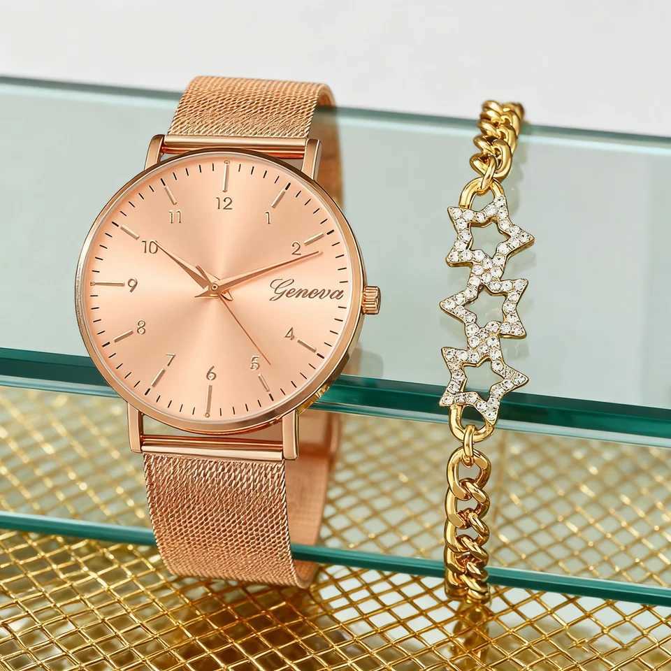 Wens Rose Gold Quartz Two-Piece Set with Star Fl Diamond Fashionable Quartz Christmas Gift M251222