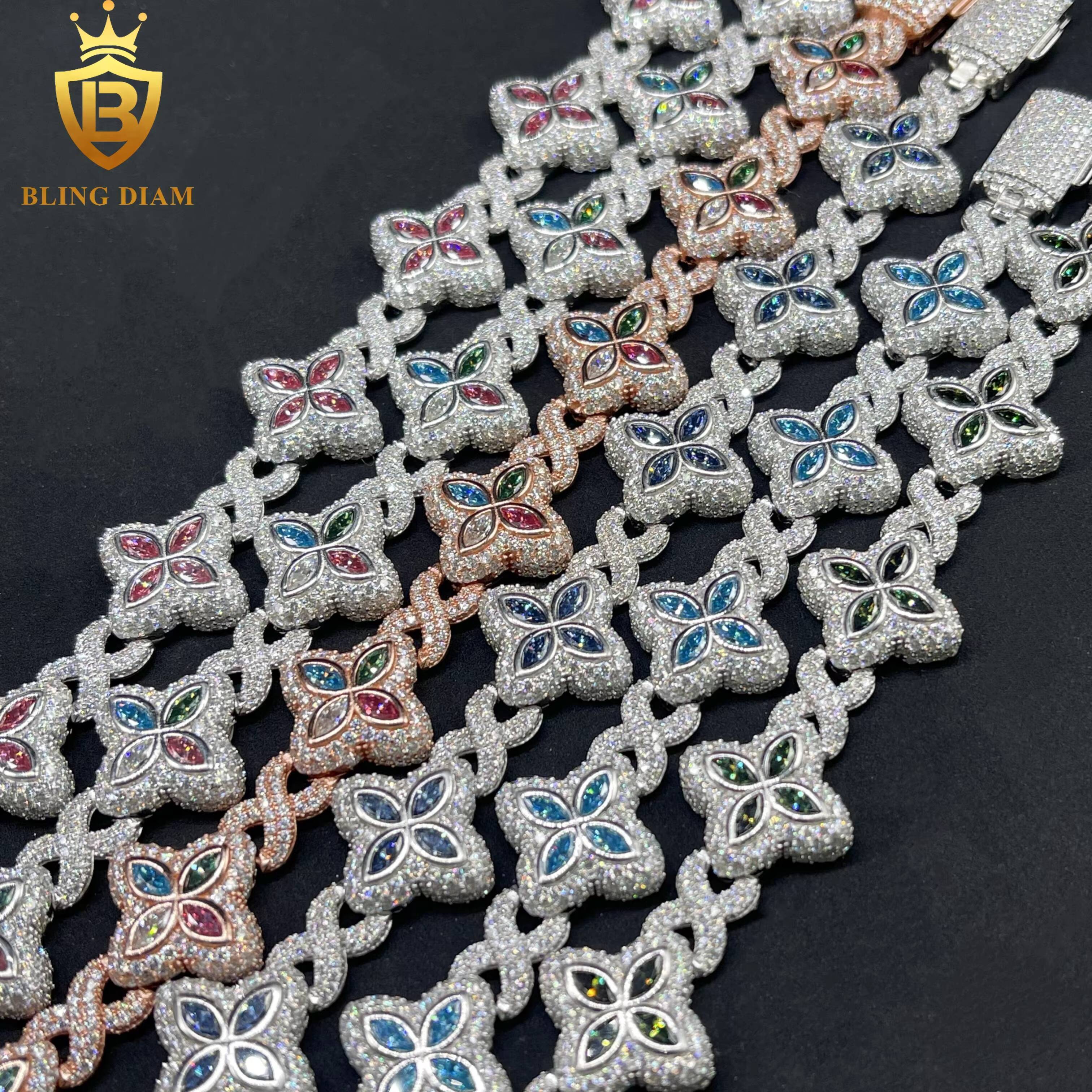 925 Sliver Jewelry 18mm Multiple Options Marquise 4 Leaf Cut Clover Flower Colorful Blue Moissanite Iced Out Bracelet