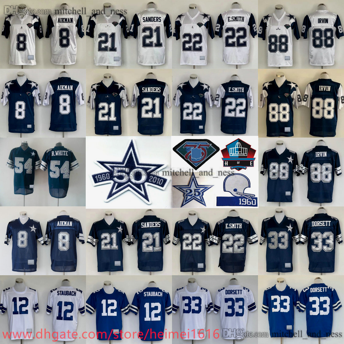 1994 M&N Throwback Football 88 Michael Irvin Jerseys Classic Retro Stitch 21 Deion Sanders 8 Troy Aikman 22 Emmitt Smith 33 Tony Dorsett 54 Randy White 12 Roger Staubach