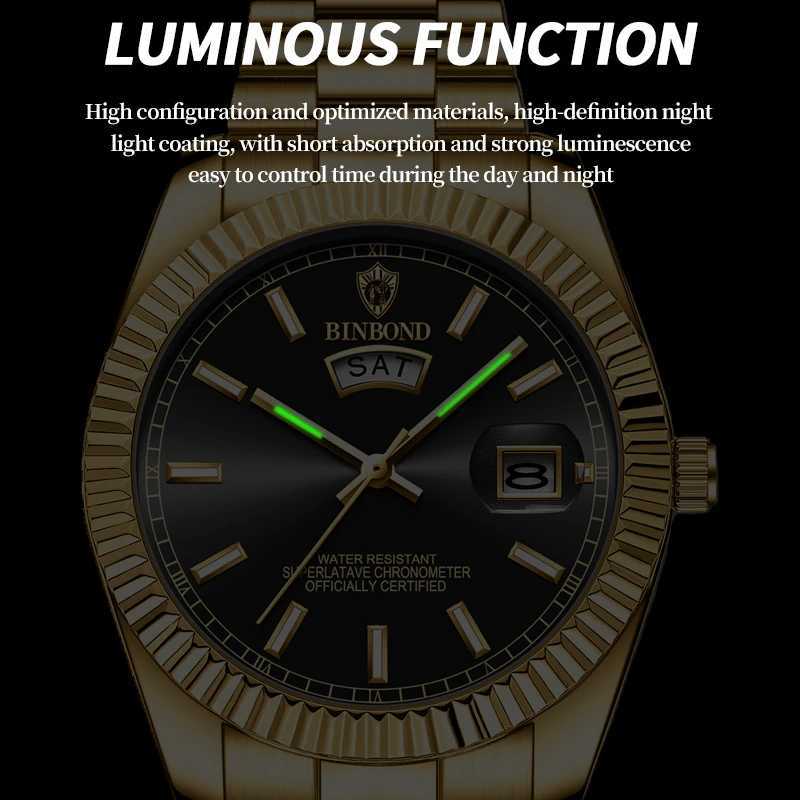 BINBOND Mens Brand Fashion Busin Sports Quartz 30M Waterproof Luminous Classic Cndar Creative Clock Mens Wrist M251222