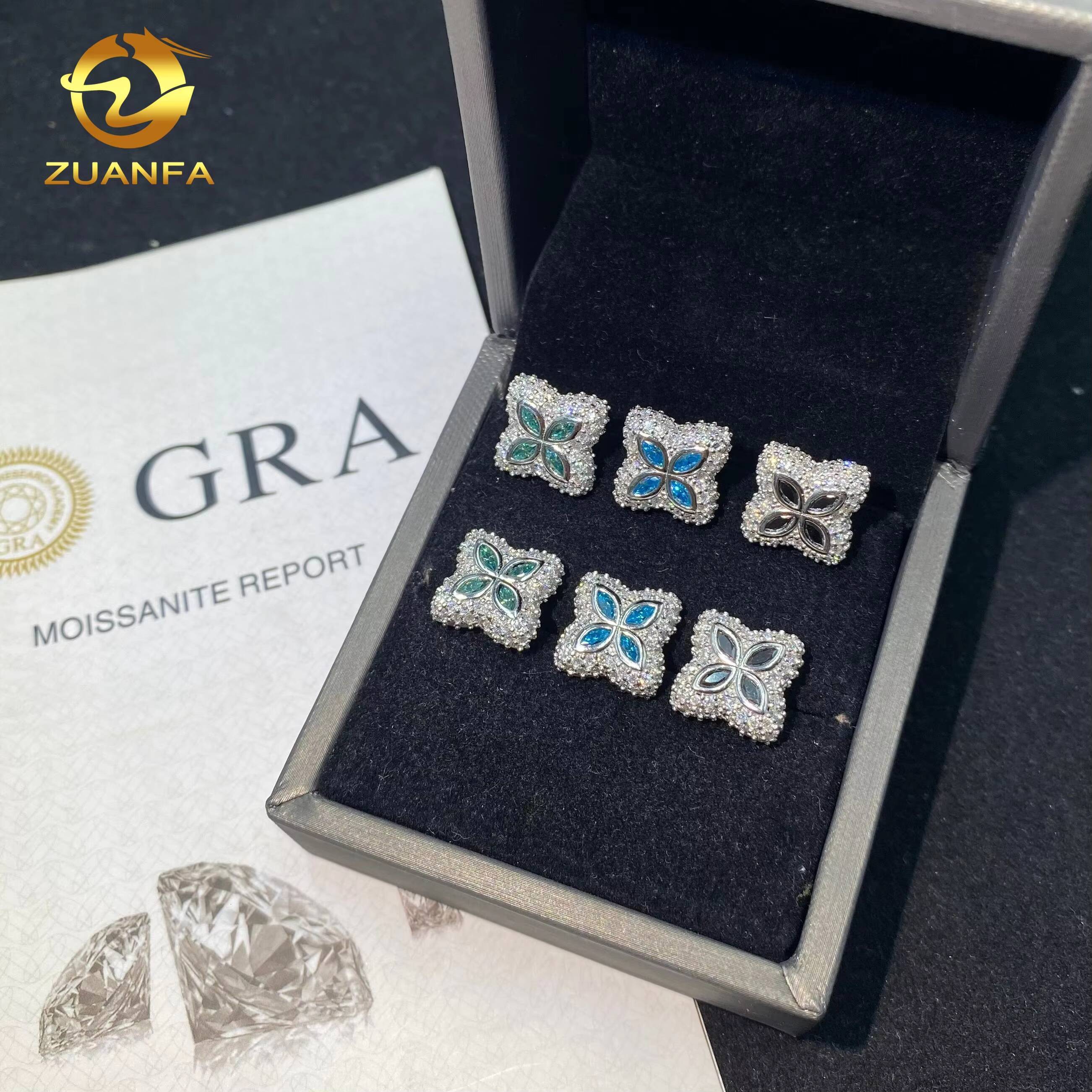 Ready to Ship Luxury 15mm 925 Silver Trendy Screw Back Ear Studs Iced Out Hip Hop Jewelry VVS Moissanite Clover Stud Earrings