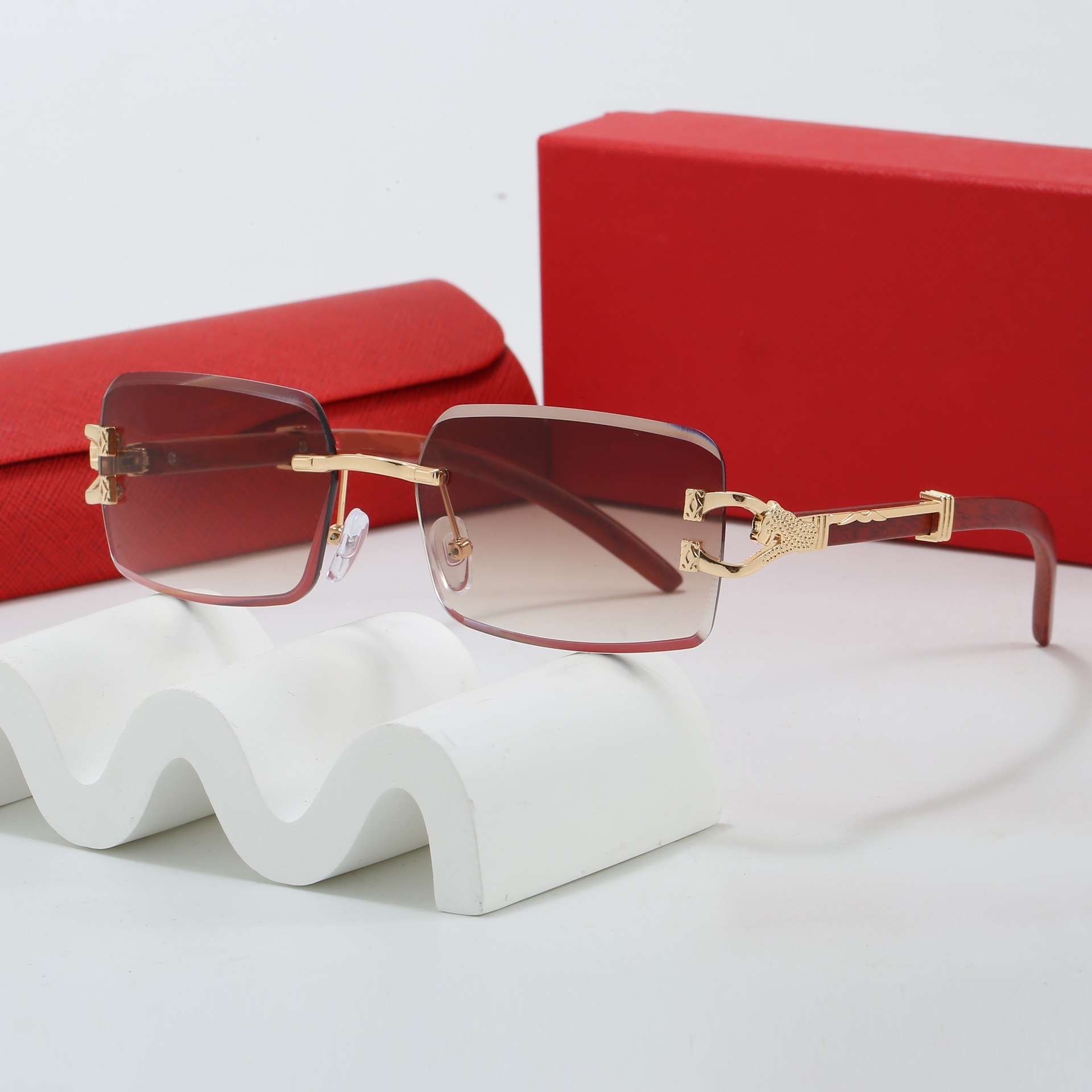 5A Wood Eyeglasses for Men Gold Frame Leopard Detail - Green Wooden Carving Sunglasses with Screwdriver and Storage Box Z260306