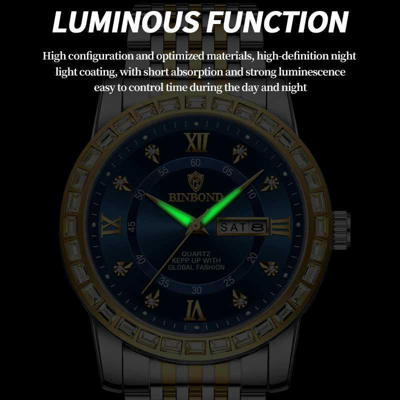 BINBOND Men Tren Busin Diamond inlaid Chinese English Dual Cndar Waterproof Luminous M Fashion Quartz es M251222