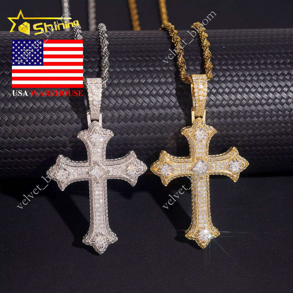 No Tarrifs US Warehouse Stock GRA Certificate 925 Sterling Silver Hip Hop Iced VVS Moissanite Moissanite Cross Pendant Moissanite Chain