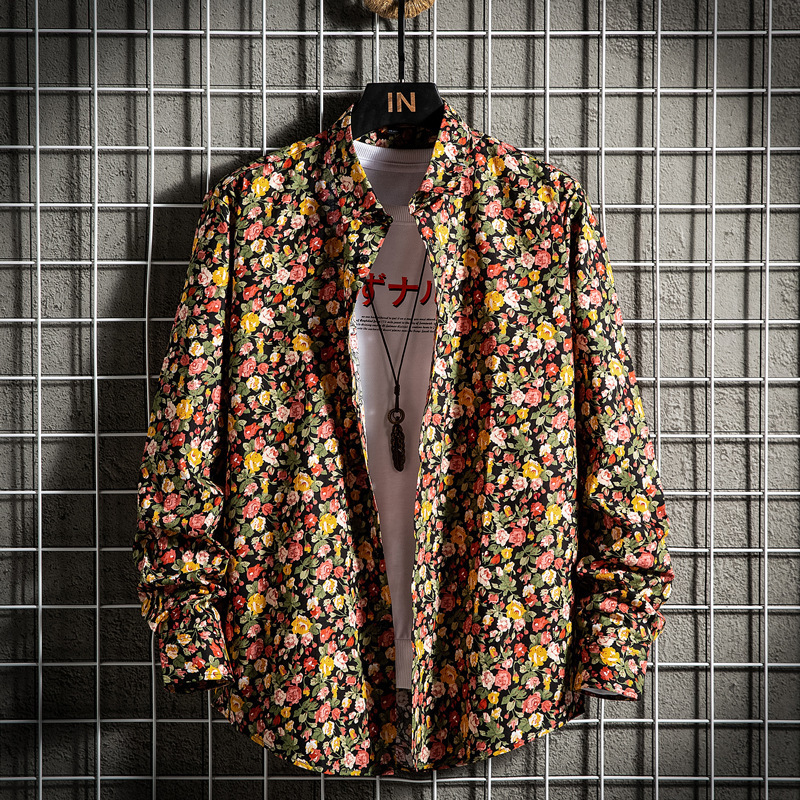 2023 Mens Long Sleeve Printed Shirt Spring Summer New Fashion Square Collar Shirt Youth Casual Floral Shirt Trendy