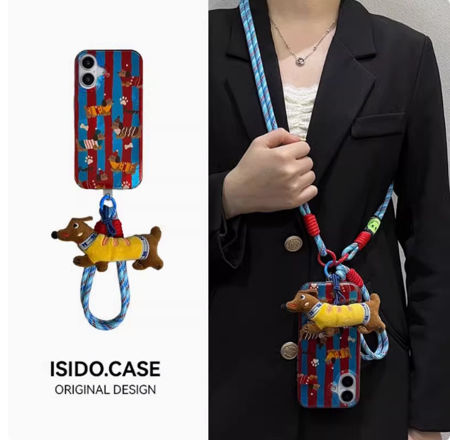 Ins Style Blue and Red Striped Dachshund Dog Case for Pro Max, Compatible with iPhone 13, Apple 15/14, Crossbody 16