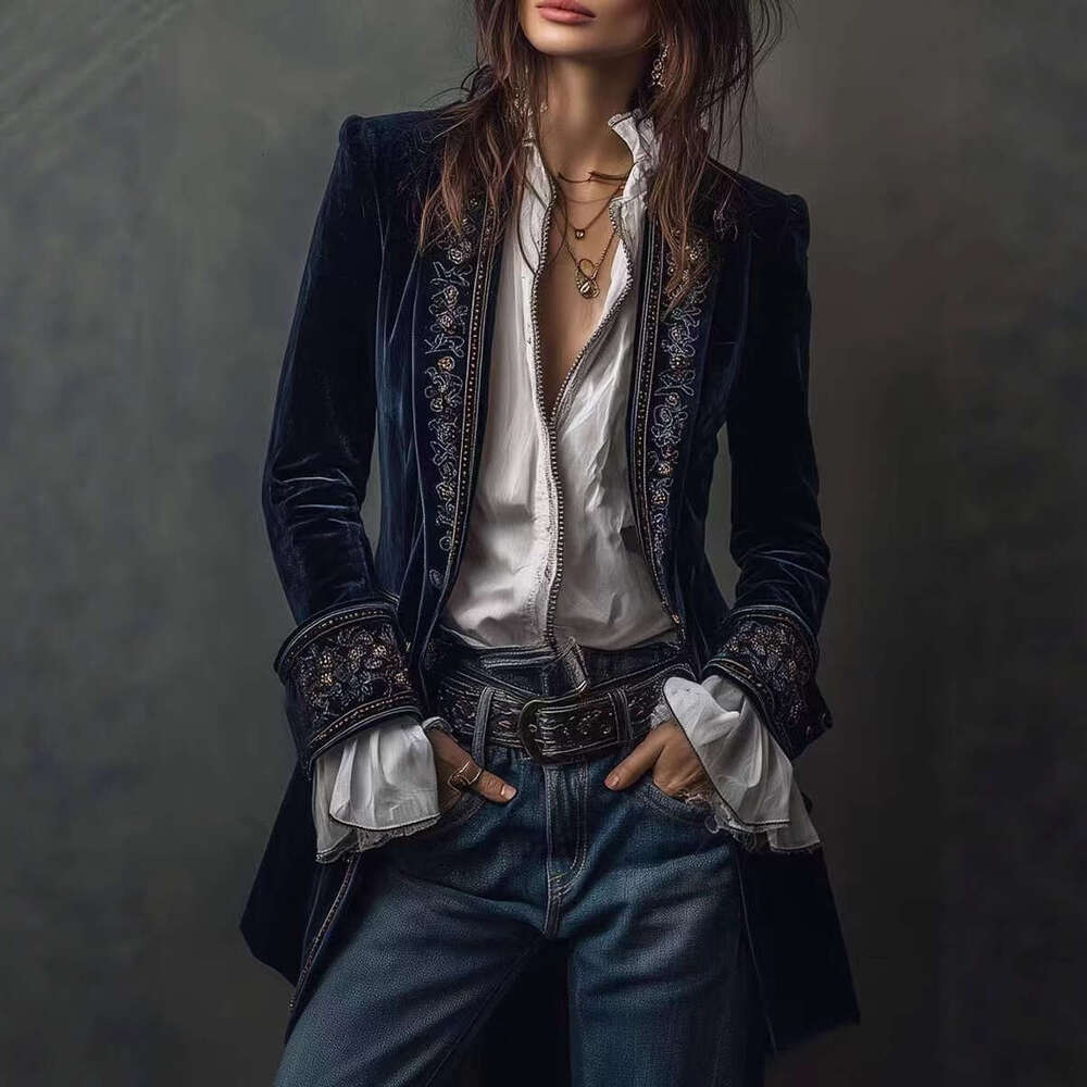 2025 Cross-Border European and American Women's Fashion Long Sleeve Solid Color Patchwork Lace Velvet Jacket