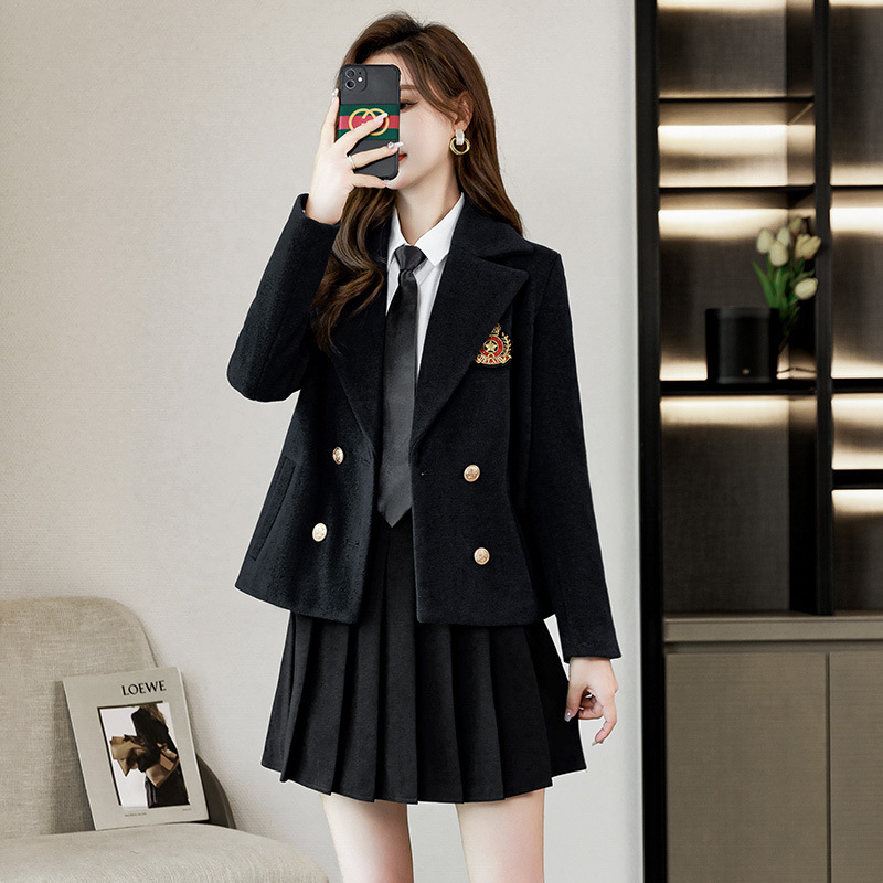 Fashion Vintage College Style Women Black Tweed Jacket Single-breasted Pocket Long Sleeve Female Uniform Coat Casaco Femme 210914