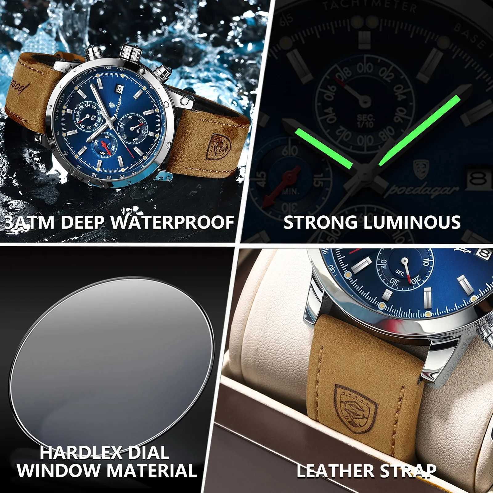 POEDAGAR Genuine Leather Mens Fashion Luminous Cndar Stop M Clock Waterproof Moon Phase Quartz Wrist Man M251222