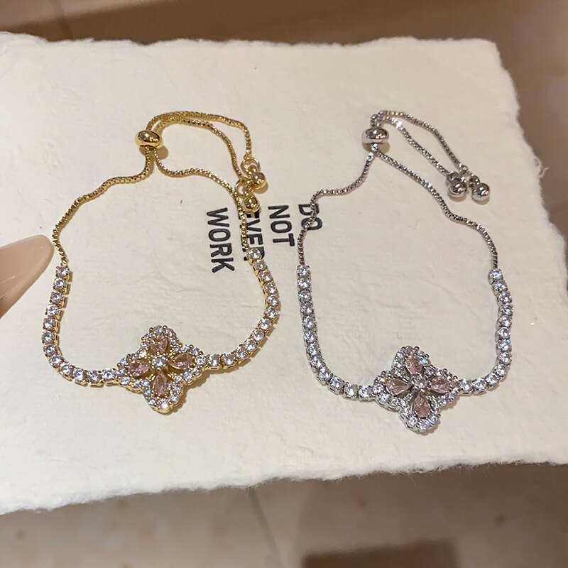 Korean Style Light Luxury Water Drop Flower Bracelet for Women, Adjustable Zircon Inlaid High-End Fashion Temperament Jewelry for Party & Date