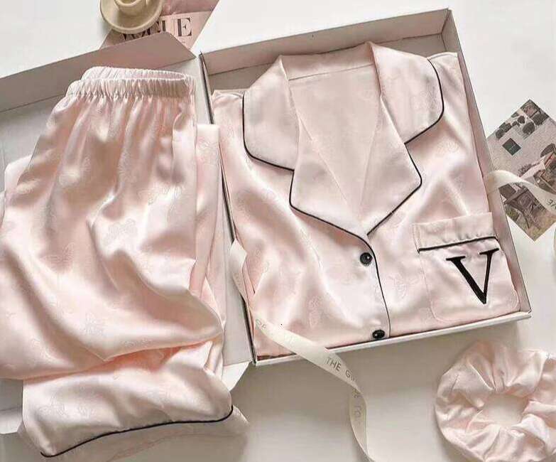 Jacquard Butterfly Women's Sleepwear 2Pcs Pajamas Set Spring New Silk Satin Trouser Suits Home Clothes Loose Casual Loungewear