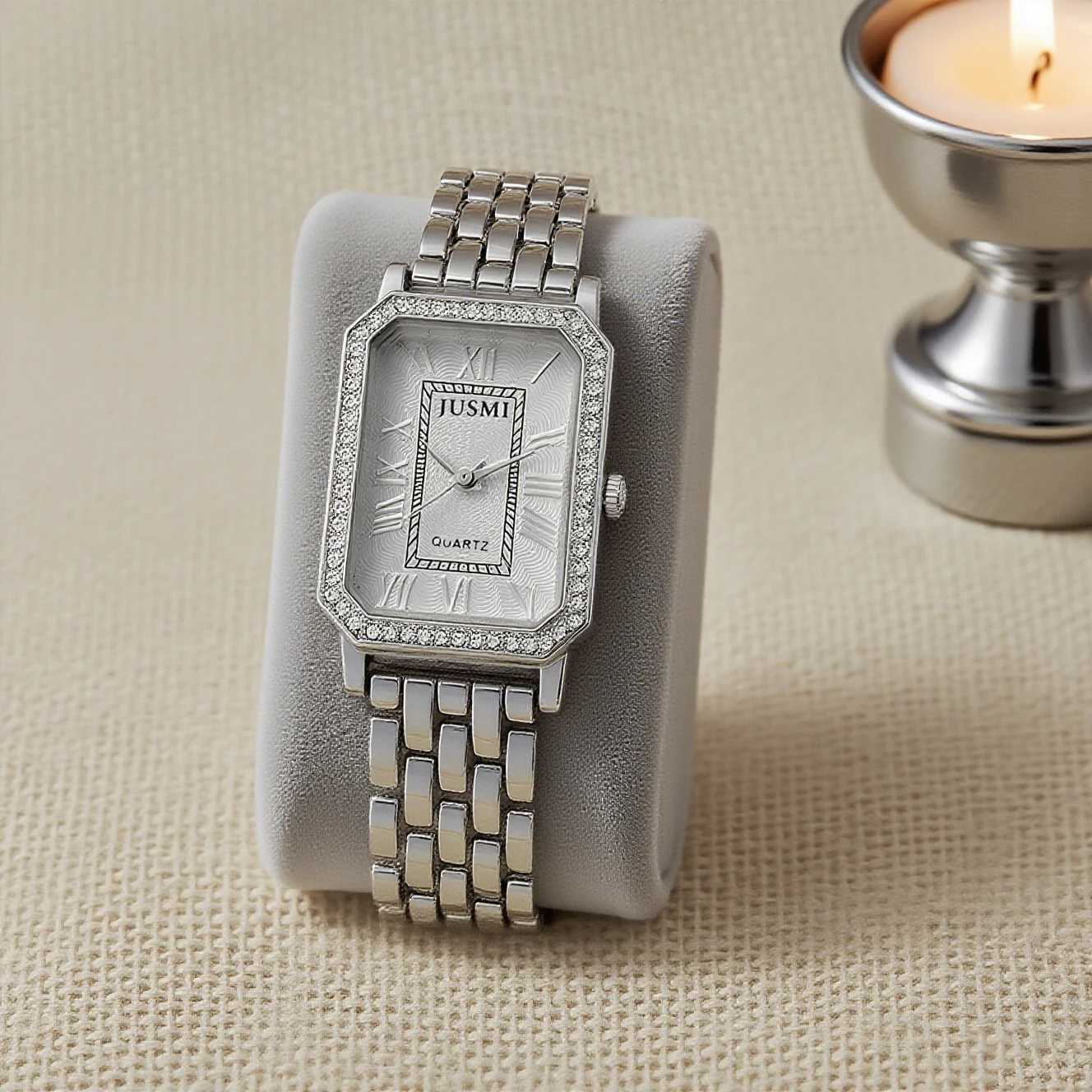 Simple and Fashionable Diamond Square Dial Ran Numerals Steel Str Wens Quartz Set Two-Piece Set for Holiday Gifts M251222