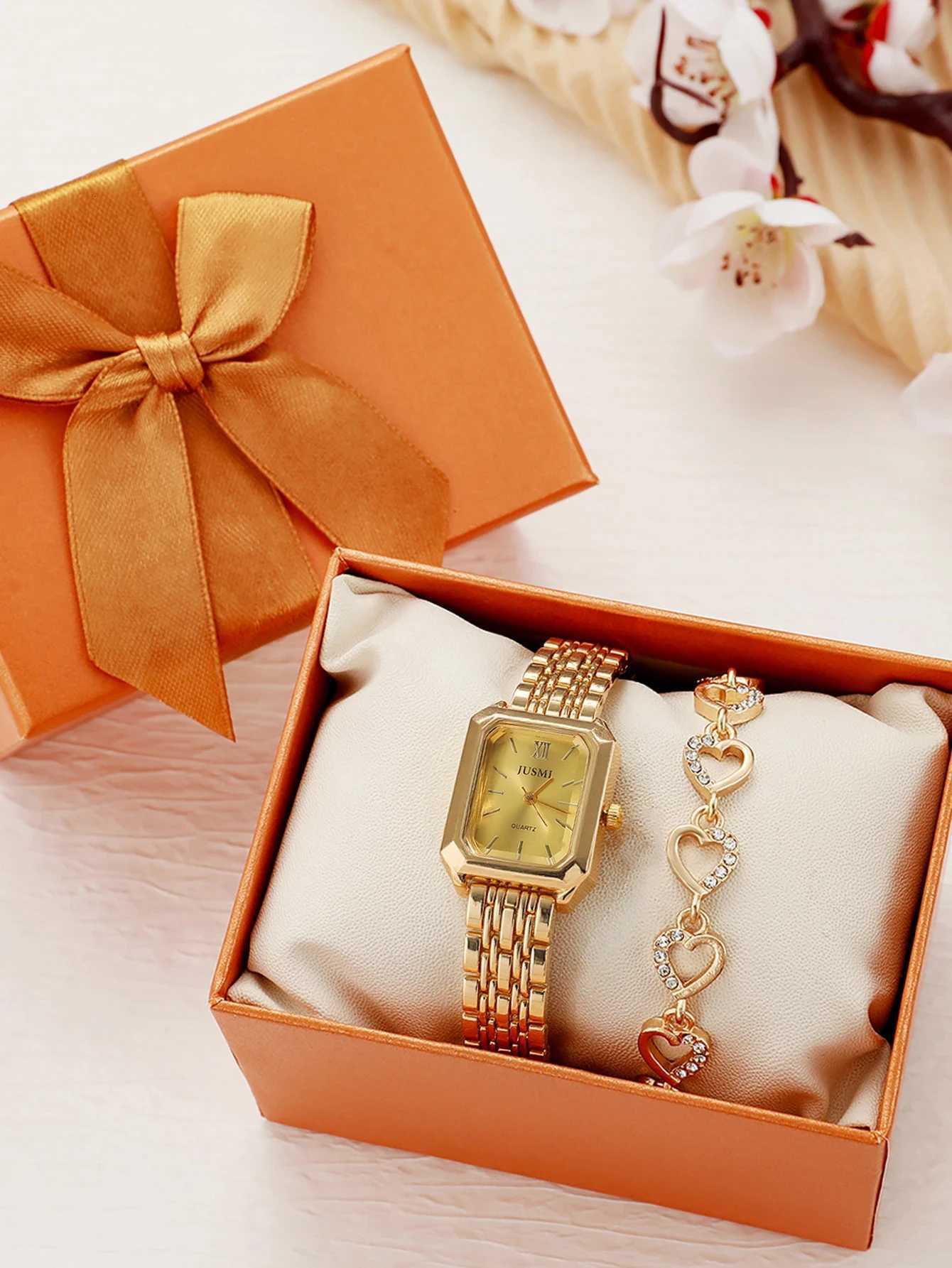 Fashionable simple square dial steel band wens quartz diamond set of 2 suitable for daily wear holiday M251222