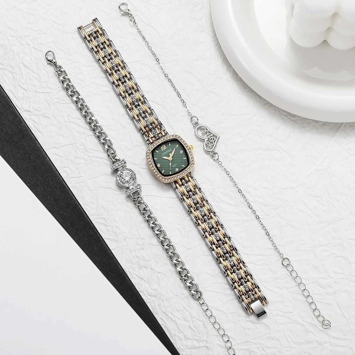 French Elegant Square Diamond-Embedded Quartz Set for Wen with Retro Green Dial a High-End Gift M251222