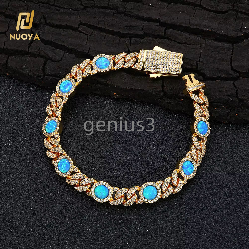 New Style 8mm 18K Gold Plated Cuban Chain Bracelet Round Blue Opal Customized Size Cuban Chain Hip Hop Jewelry for Women