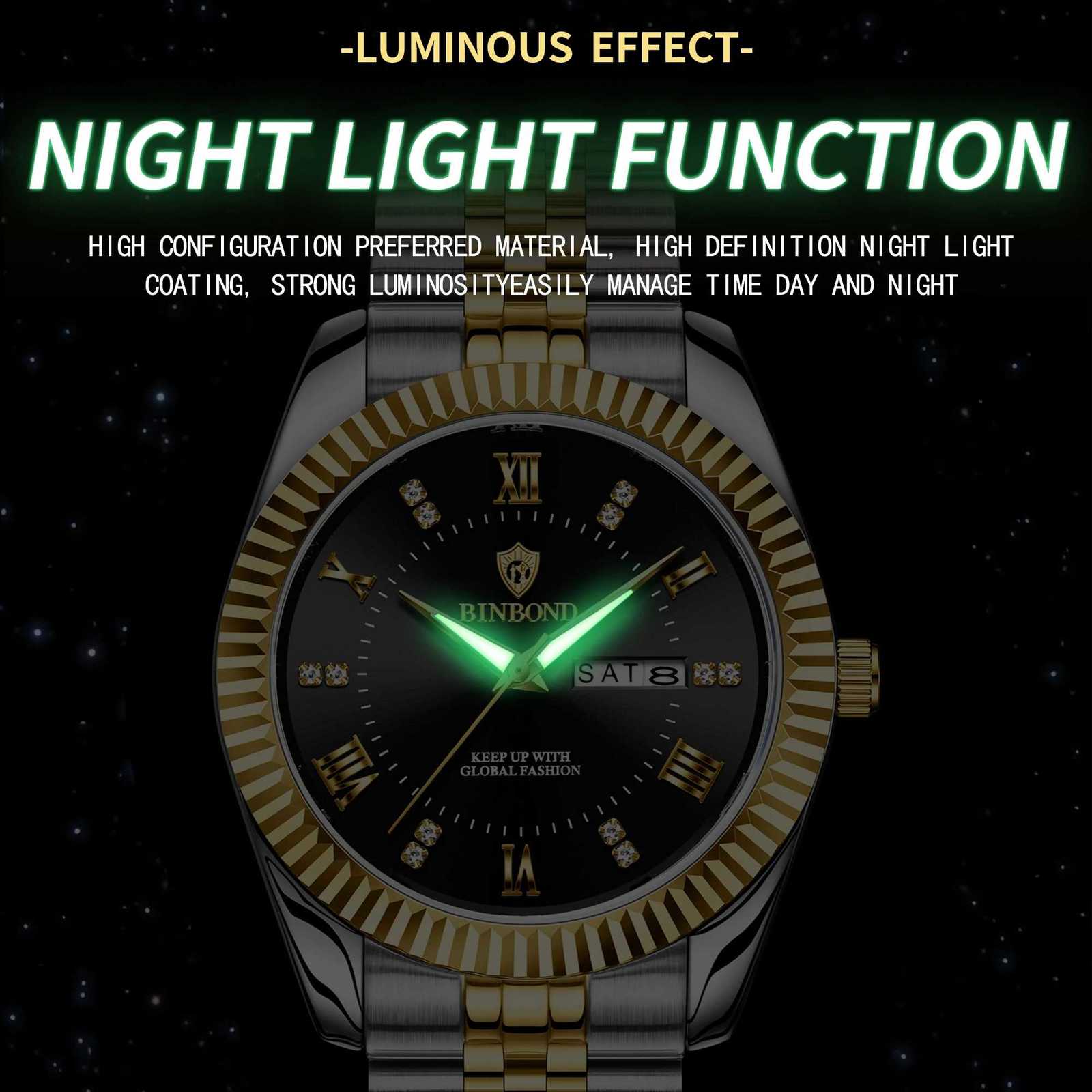 BINBOND Luxury Brand Man Waterproof Luminous Date Week Mens Quartz Wrist Stainl Steel Fashion Sports Men es M251222