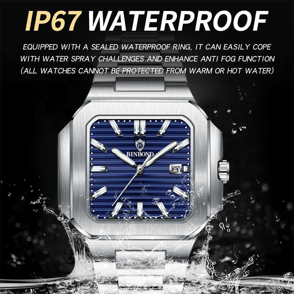 BINBOND Fashion Luxury Man Wrist Waterproof Luminous Stainl Steel Mens Quartz Square Sport es for Men Reloj M251222