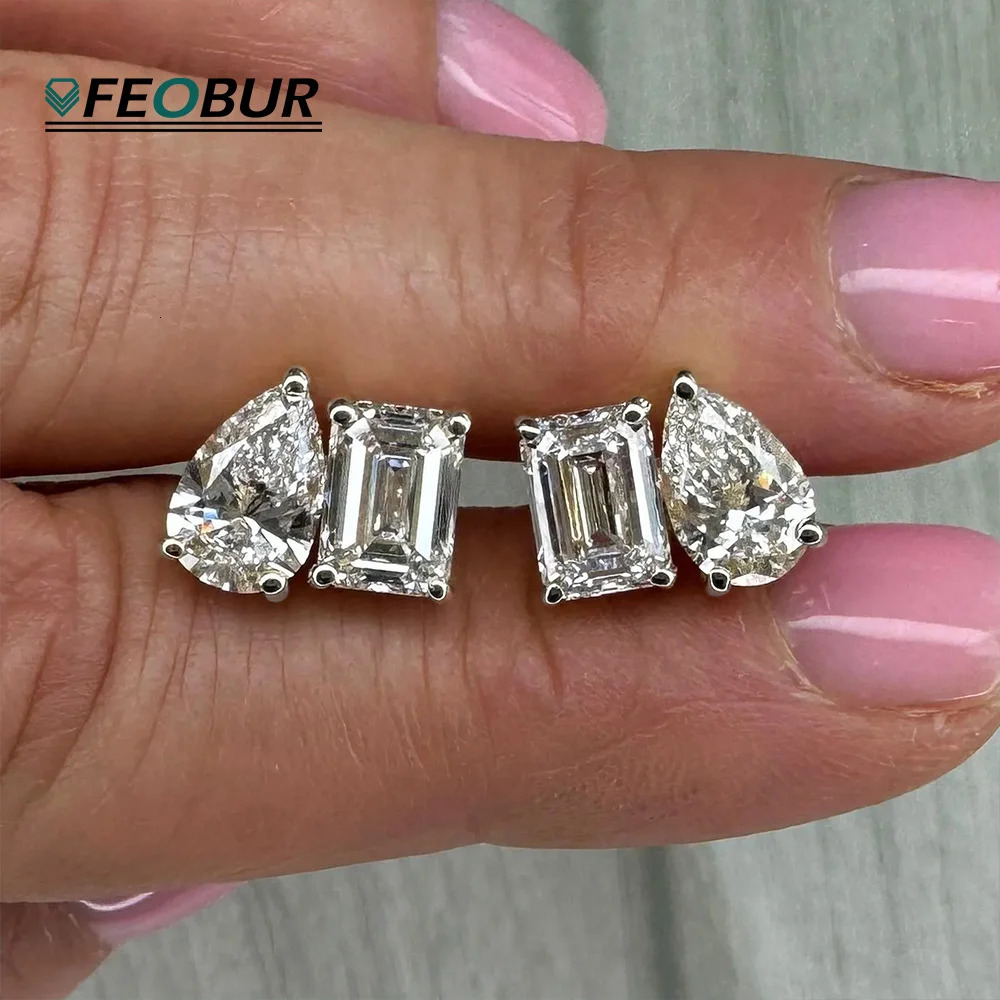 FEOBUR 4cttw Two Stone Stud Earrings 925 Sterling Silver Pear Emerald Lab Diamond Ear Studs Women Wedding Jewelry 251215