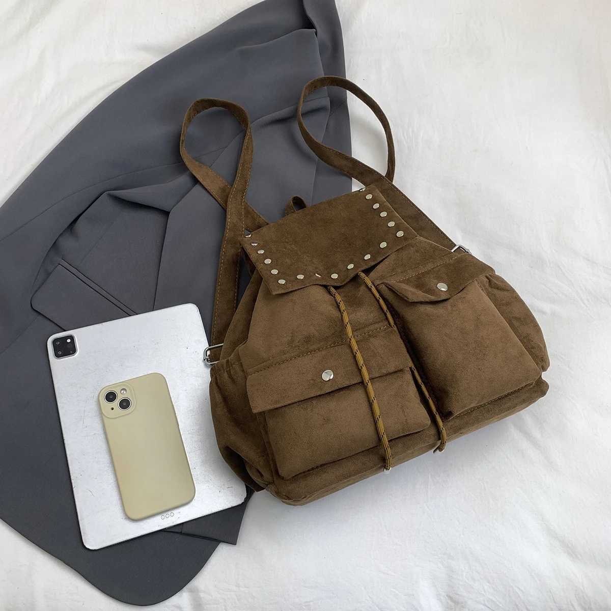 iche Suede Korean-Style Drawstring Backpack Lightweight Double-Pocket Simple Suede Womens Backpack Hiking Bag for Trekking Shopping Outings and WorkM2