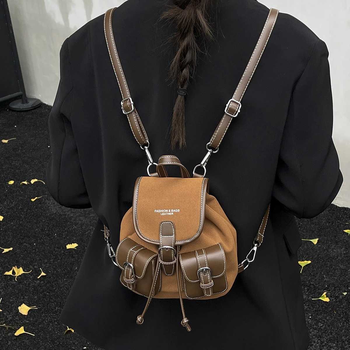 Autumn and Winter Suede Backpack for Work and Commuting Versatile Womens Travel Backpack College Student School Bag Shopping Fashion Mobile Phone BagM