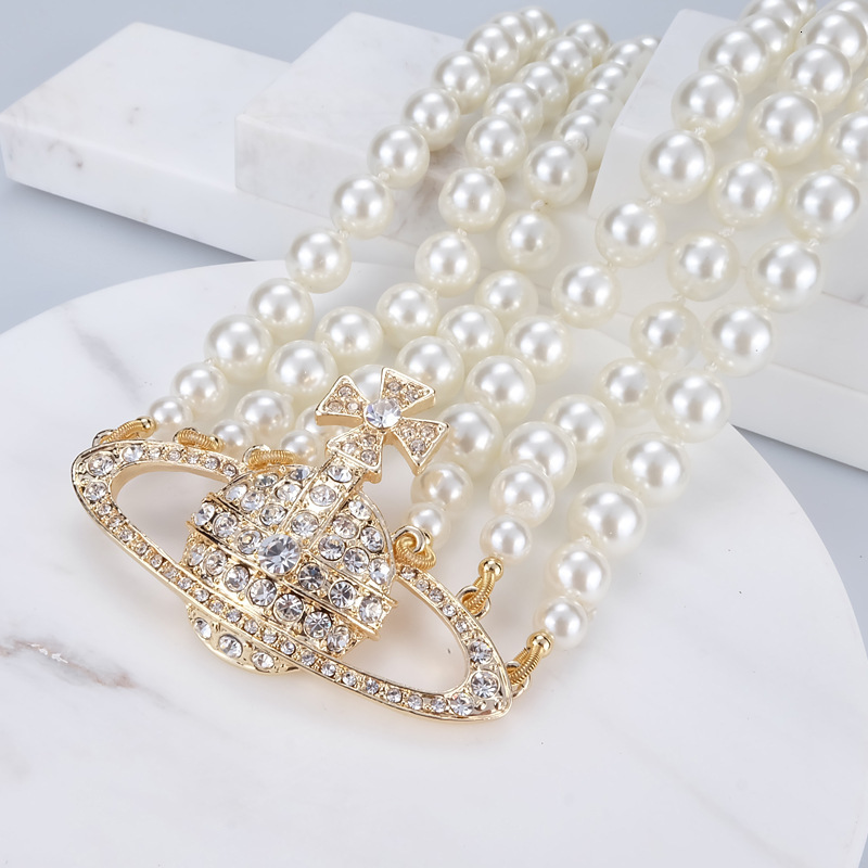 Luxury Brand Designer Jewelry Inlaid Diamond Saturn Pearl Three-Layer Necklace Baroque Style Vintage Choker Niche Design Fashion Jewelry For Women