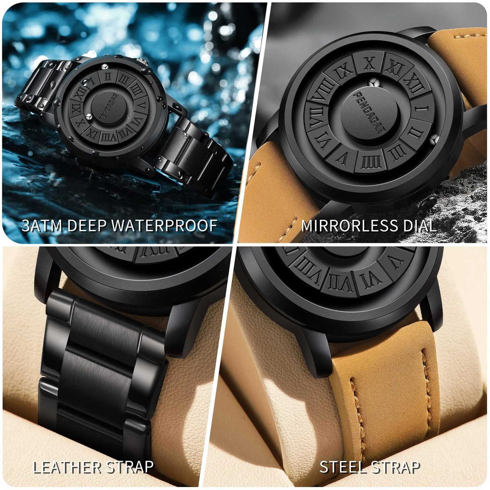 PENGAGAR Mens Stainl Steel Quartz with Creative Scrolling Pointer Magnetic Force Wrist Clock Relogio Mascino with M251222