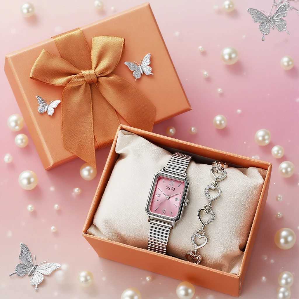 Fashionable Cpact Square Dial Alloy Str Wens Quartz Diamond 2 Piece Set for Thanksgiving Christmas G M251222