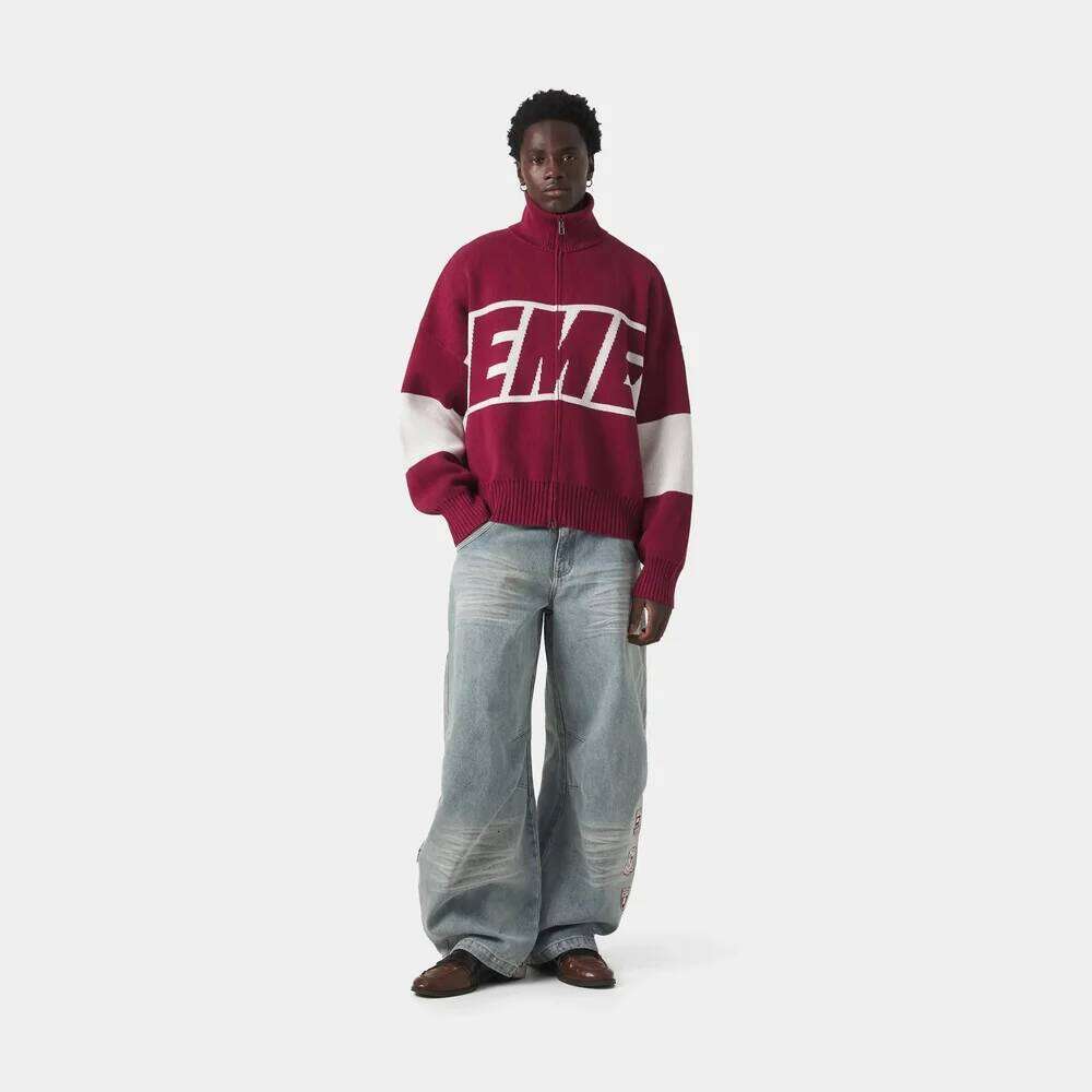 Eme Retro Original Style Color Contrast Letter Knitted Cardigan Y2k American Casual Zipper Sweater For Men And Women
