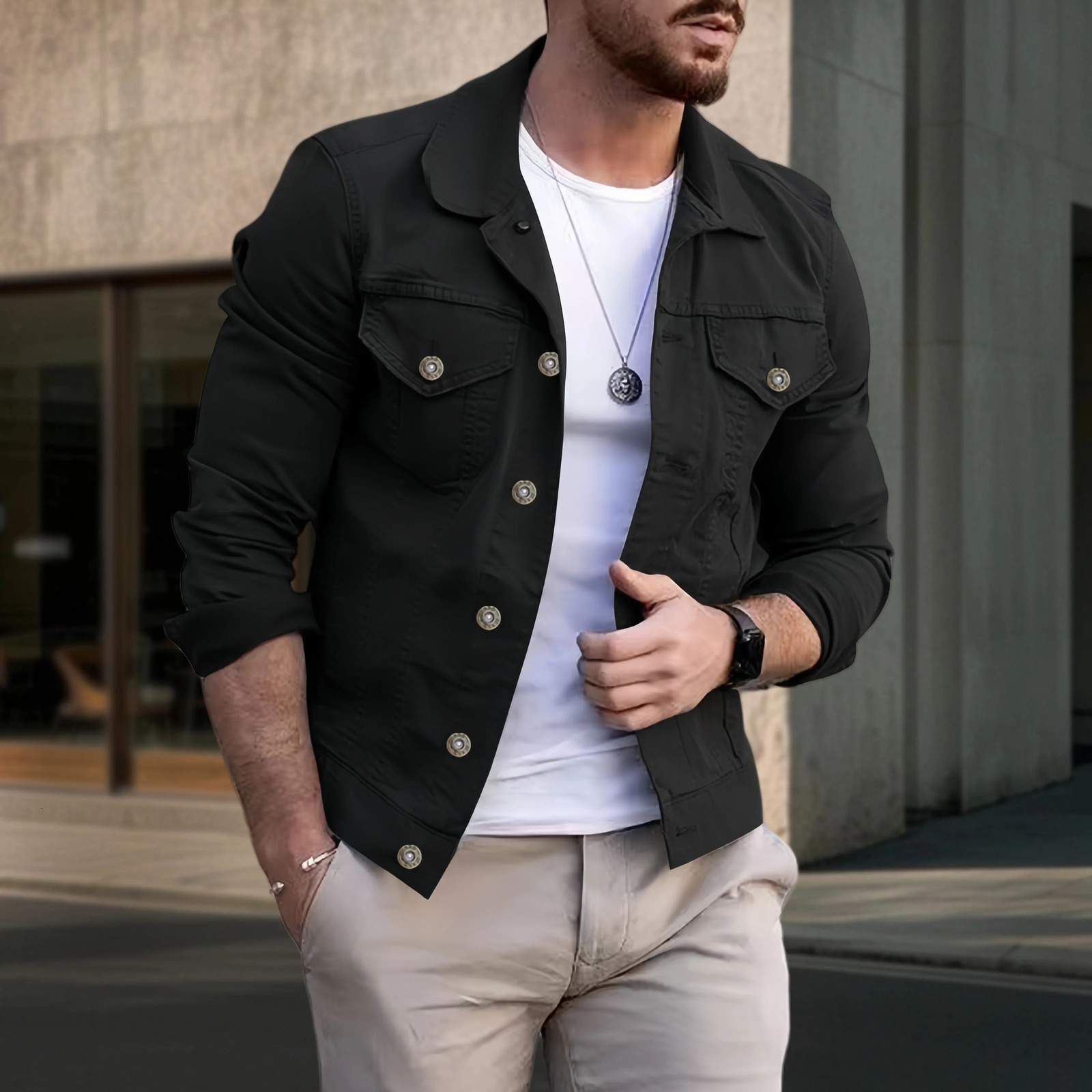 Mens Casual Denim Jacket Fashion Streetwear Solid Turn down Collar Spring Autumn Jean Outwear Male Daily Coat 251213
