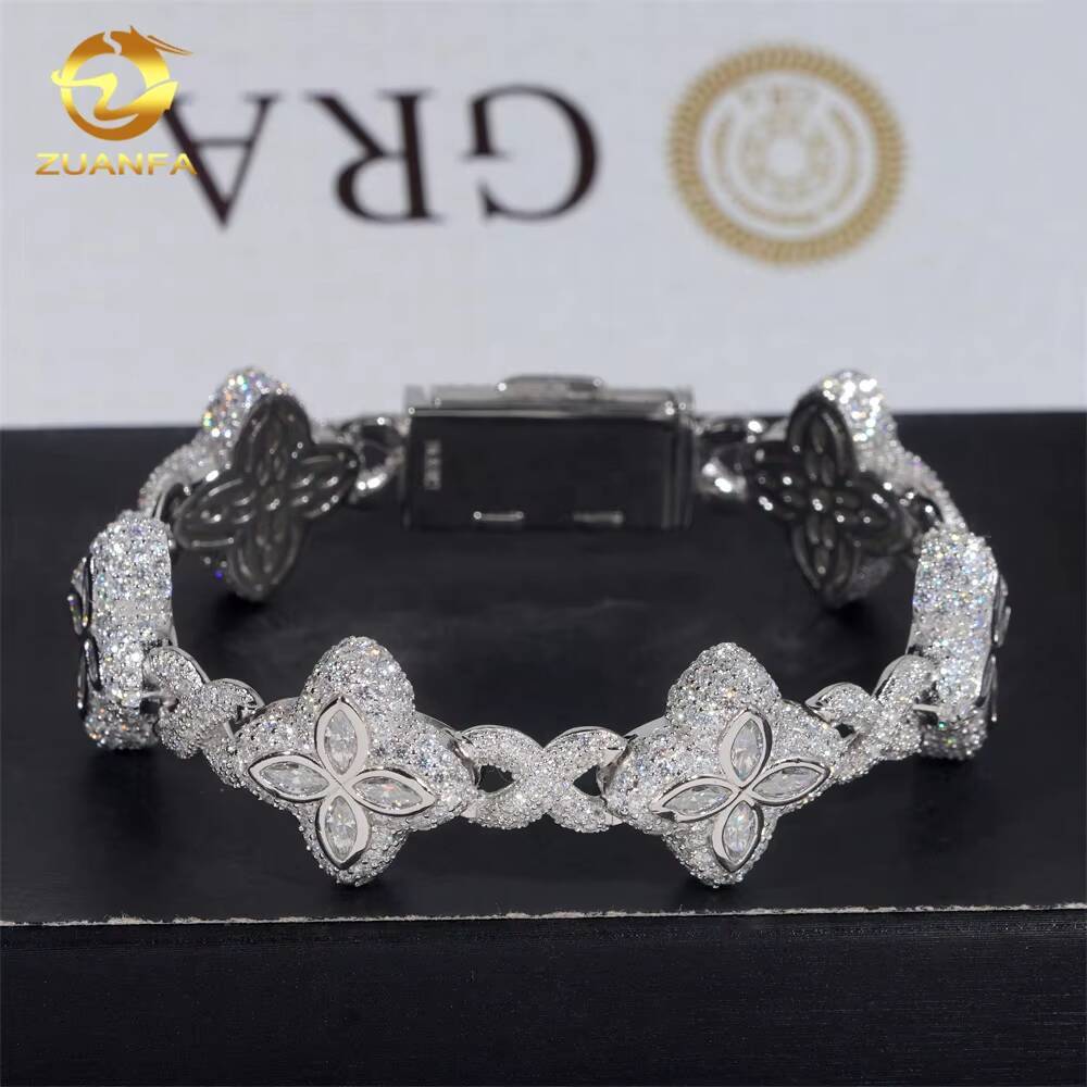 Cheapest Price Custom Iced Out Luxury Diamond Jewelry Rapper Men Jewelry Hip Hop VVS1 Moissanite Diamond Clover Cuban Bracelet