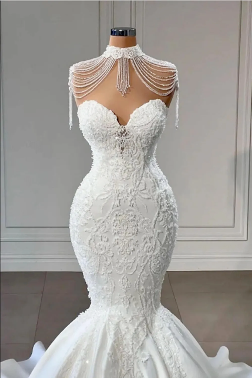 Vintage High Neck Mermaid Wedding Dresses Appliqued Lace Sweetheart Bride Gowns vestidos de novia robe BC2730
