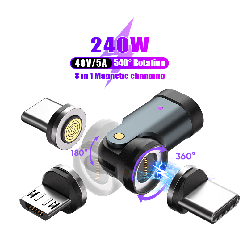Magnetic USB C Date Cable Adapter, 240W PD Fast Charging, 540°Rotating Swivel Connector with LED Type-C Tips Port Protection 9-Pin for Phone 17,Samsung Galaxy
