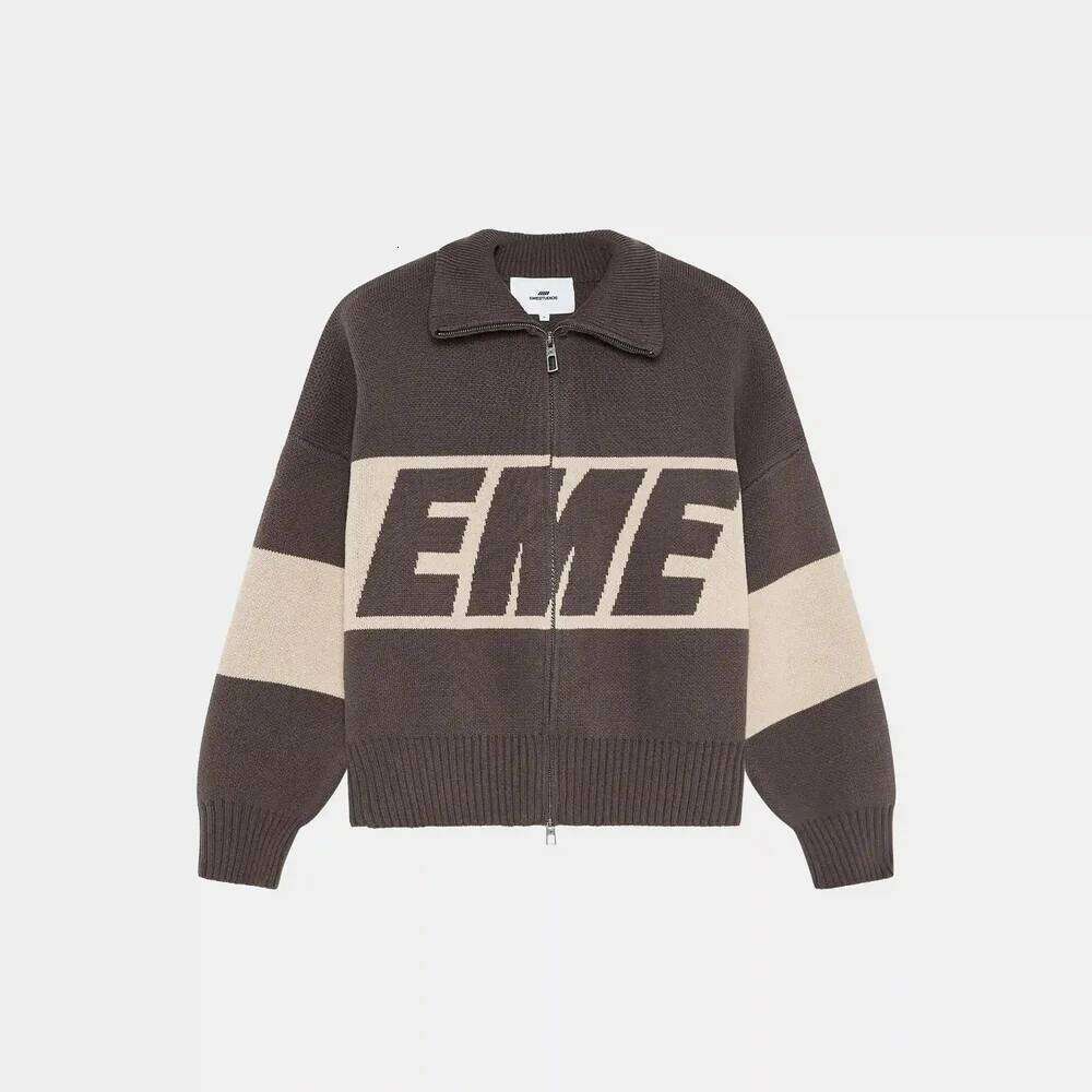 Eme Retro Original Style Color Contrast Letter Knitted Cardigan Y2k American Casual Zipper Sweater For Men And Women
