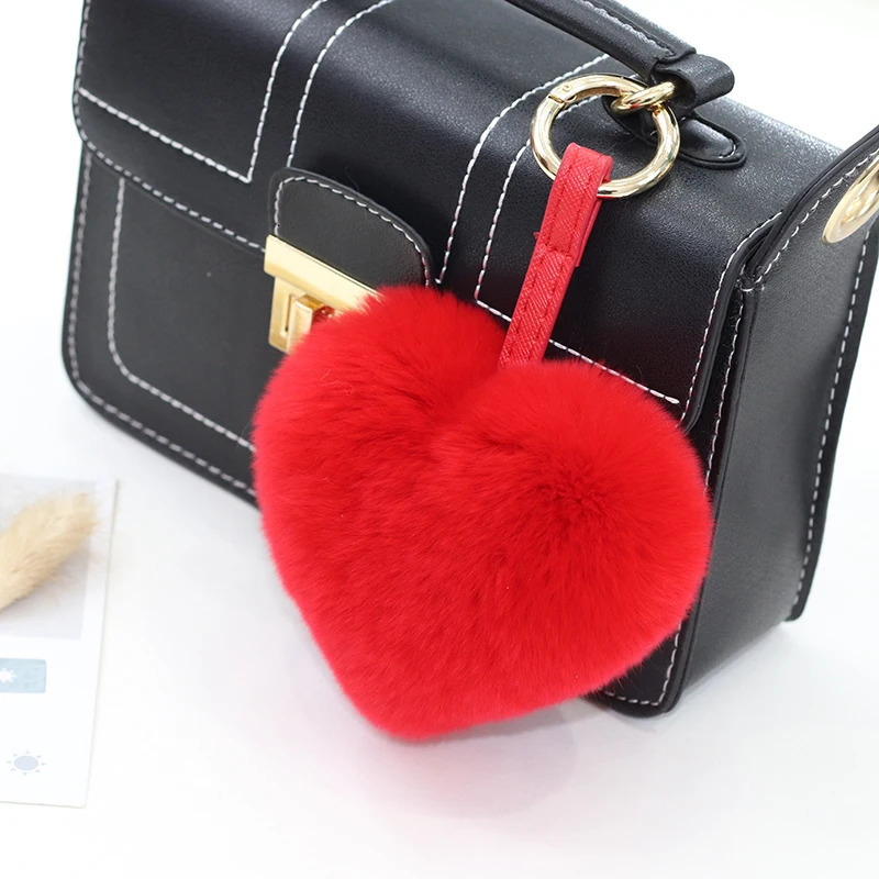 Cute Heart Keychain Real Rex Rabbit Fur Heart Bag Charm Key Chain Women Girl Bag Charms Accessory Fluffy Keyring Gifts 251209