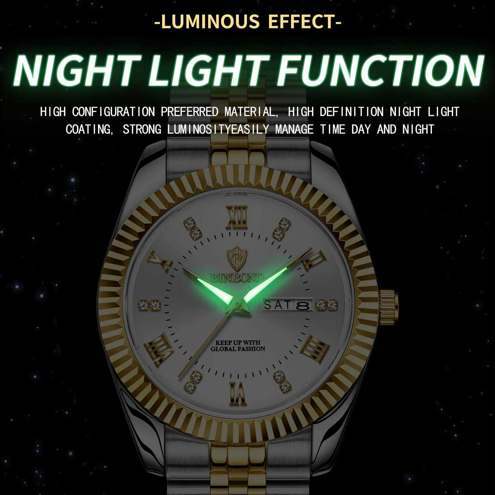 BINBOND Brand Mens Busin Sports Quartz Classic Waterproof Luminous Cndar Creative Clock M Personali Wrist M251222