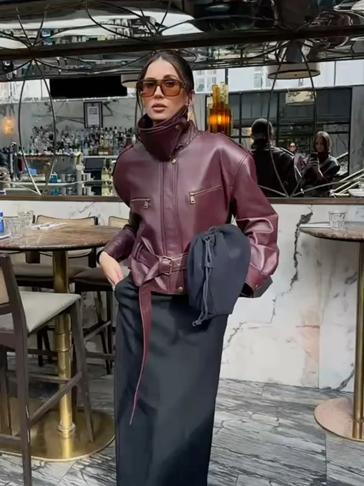 Burgundy Waist Cinching Leather Jackets Women Solid Lace Up Stand Collar Zipper Bucket Bomber Coat Lady High Street Outwear 251222