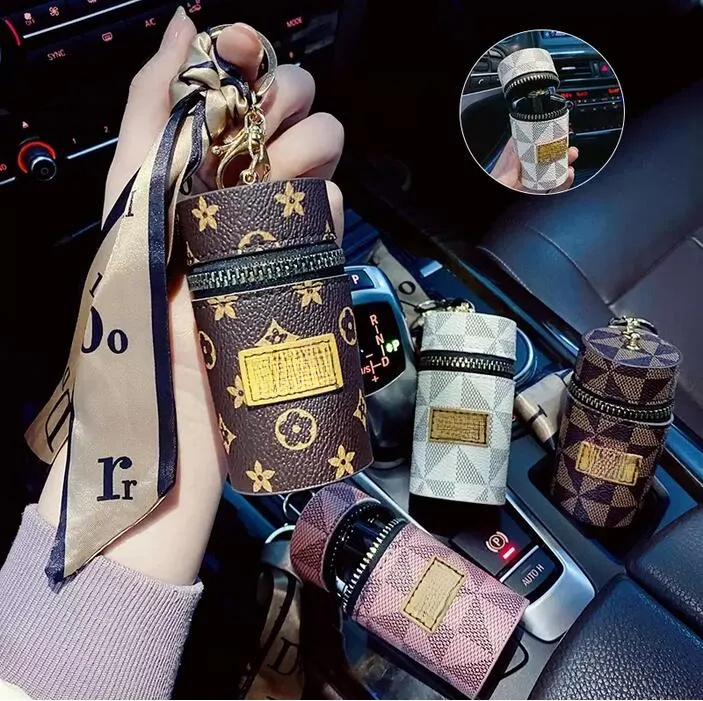 Designer Key Rings Silk Scarf Lipstick Keychains PU Leather Purse Pendant Car Keyring Chain Charm Brown Flower Mini Bag Trinket Gift for Women 333