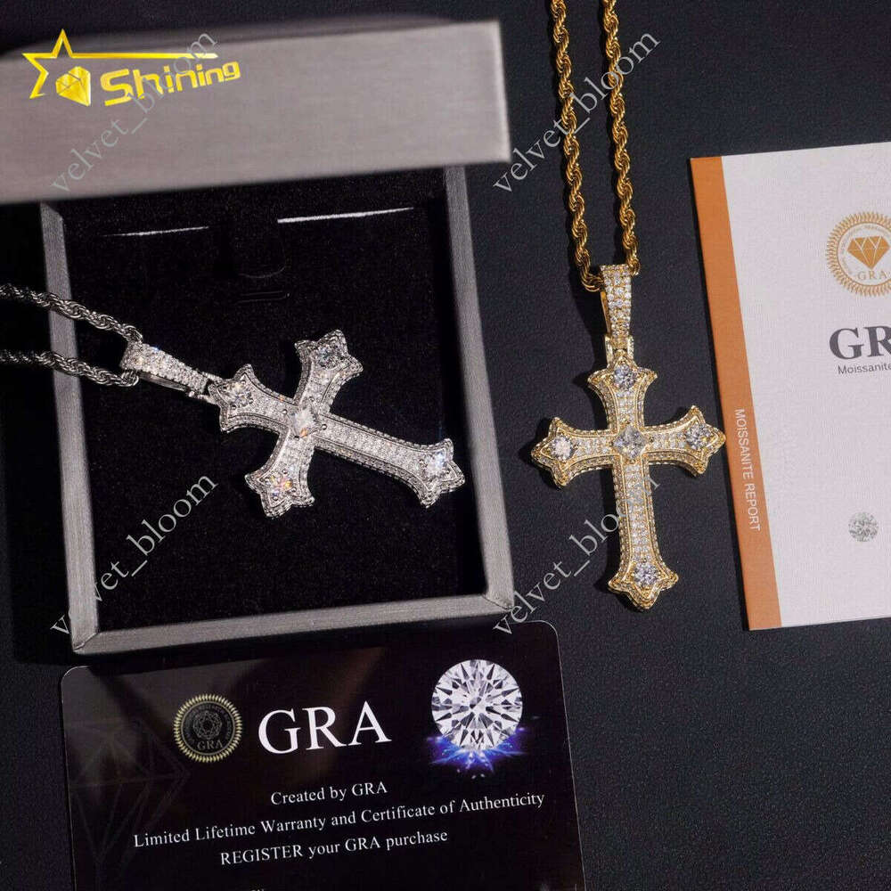 No Tarrifs US Warehouse Stock GRA Certificate 925 Sterling Silver Hip Hop Iced VVS Moissanite Moissanite Cross Pendant Moissanite Chain