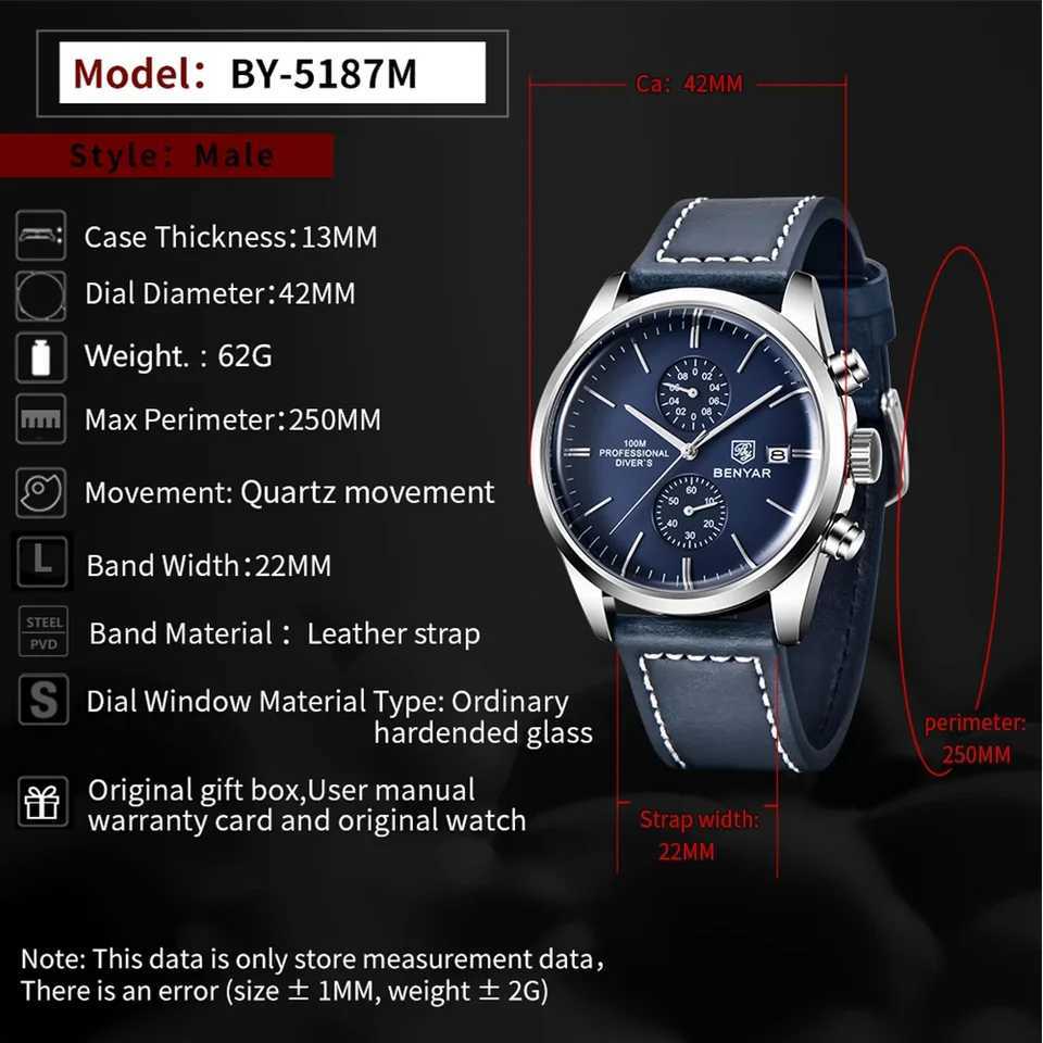 2026 New BENYAR Leather Men Quartz Wristes Luxury Br00M Waterproof Men Military Sports Chronogrh for Men M251222
