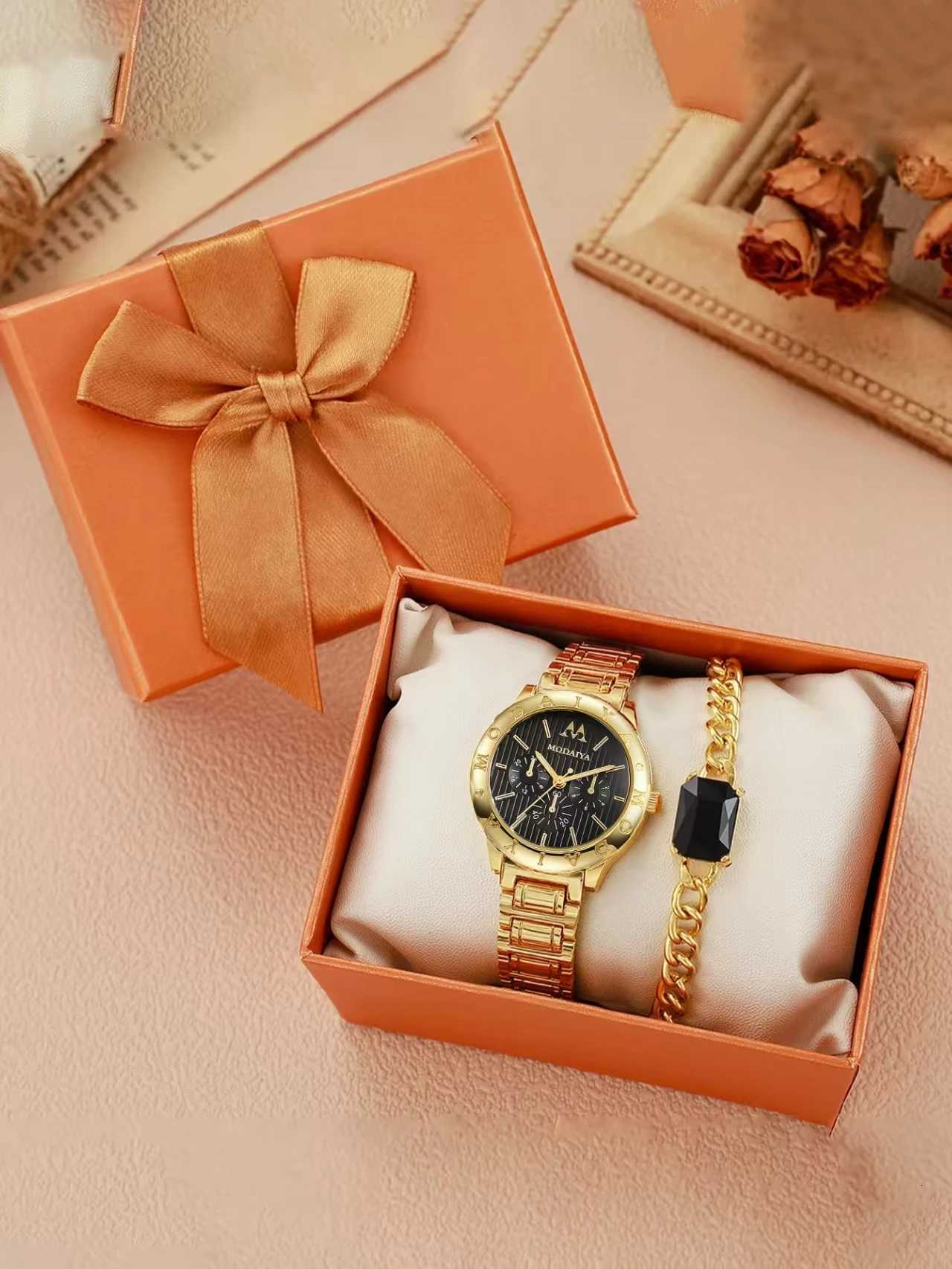 Fashion Light Luxury Tren Round Dial Alloy Str Wen Quartz Gemstone Set of 2 for Christmas and Thanksgiving M251222