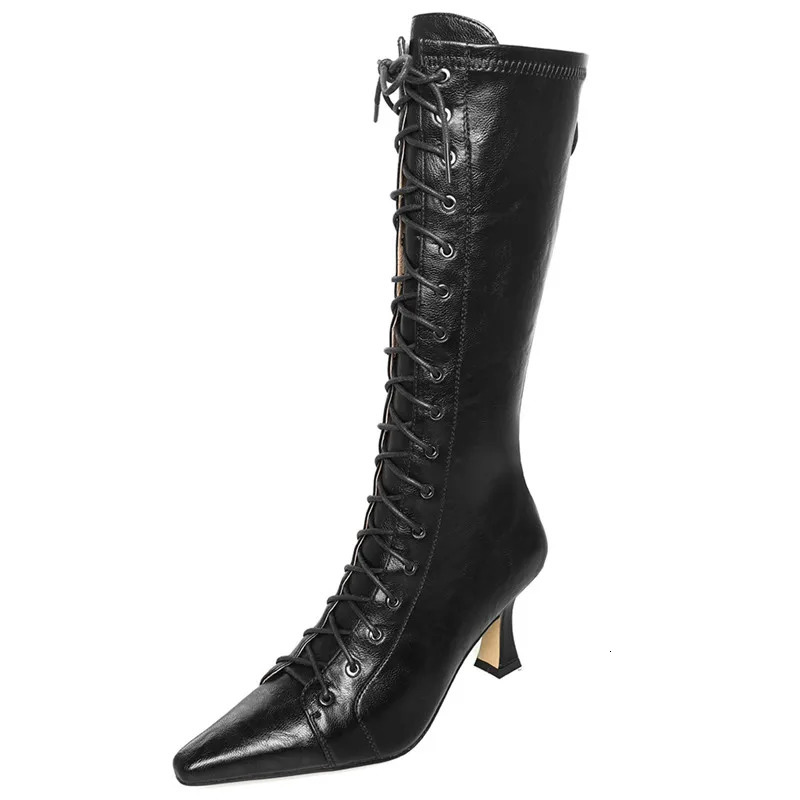 Fashionable And Sexy High-Heeled Pointed Lace Up Elastic Boots Slim Boots Leg Hugging Boots Back Zipper Lace Up Knee High Boots 251217