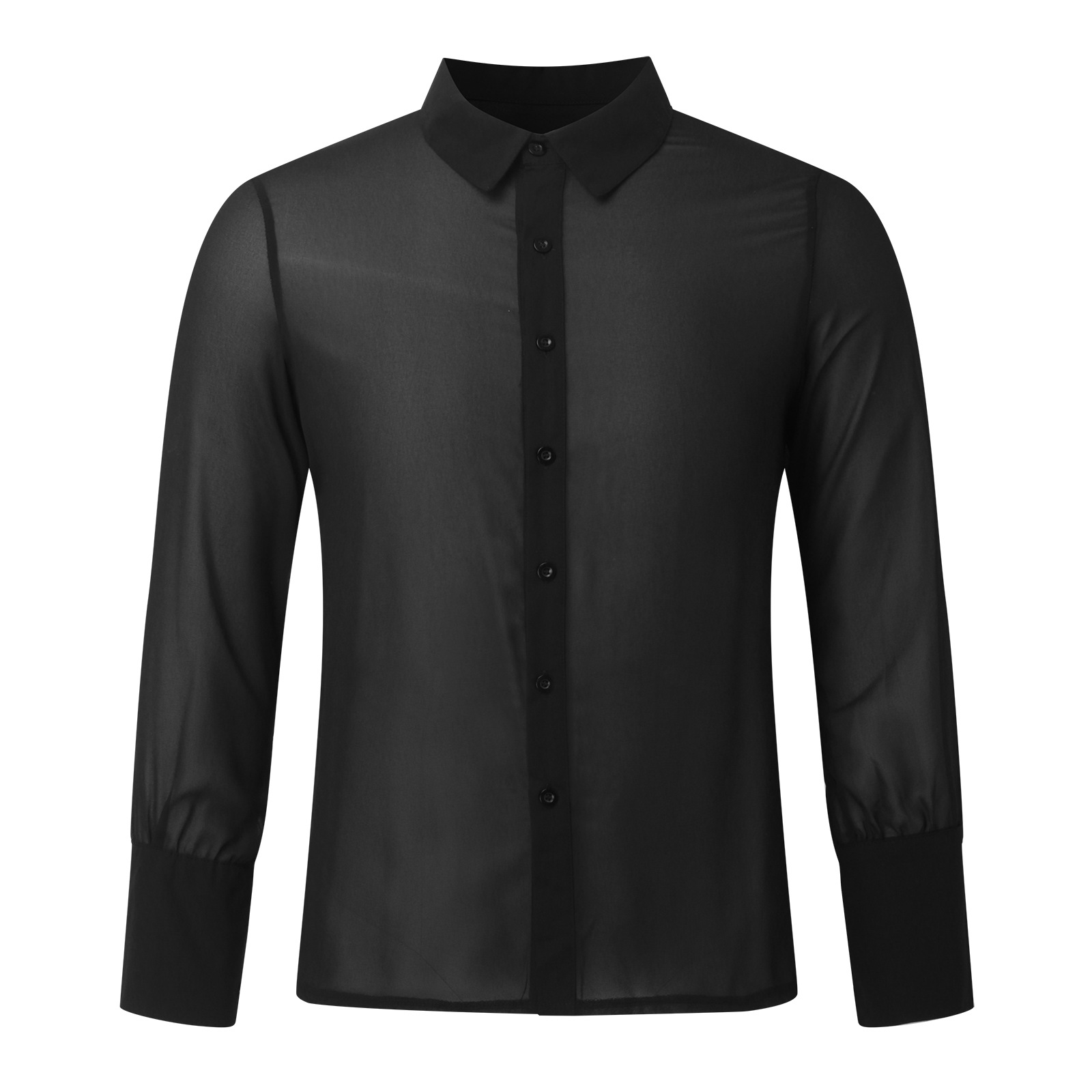 Stage Wear Men's Sexy Ultrathin Mesh Sheer T-Shirt, Sexy V-neck Long Sleeve Lapel Single-breasted Party Layering Top, Hollow-out See-through Ling
