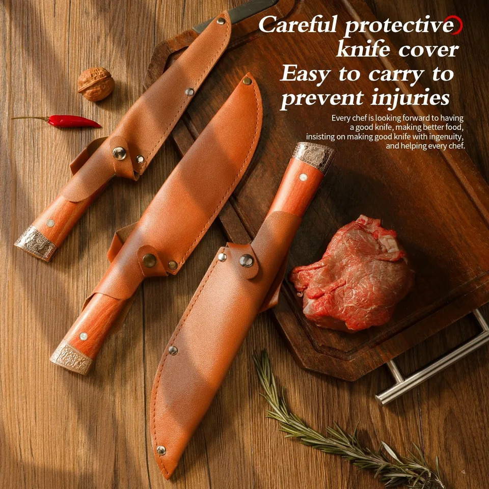 Large bone-removing knife with leather sheathbleeding knifebutcher knifehigh-hardness meat cleaverfixed-blade skinning knife 251218