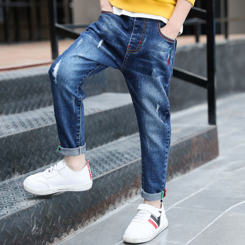 Childrens jeans boys pants spring and autumn childrens wear front and back real pockets big childrens washing pants