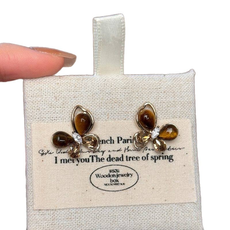 Silver Needle Zircon Tiger Eye Stone Butterfly Melad Vintage Exquisite Petite Versatile Earrings Light Luxury Niche Ear Jewelry - view 6