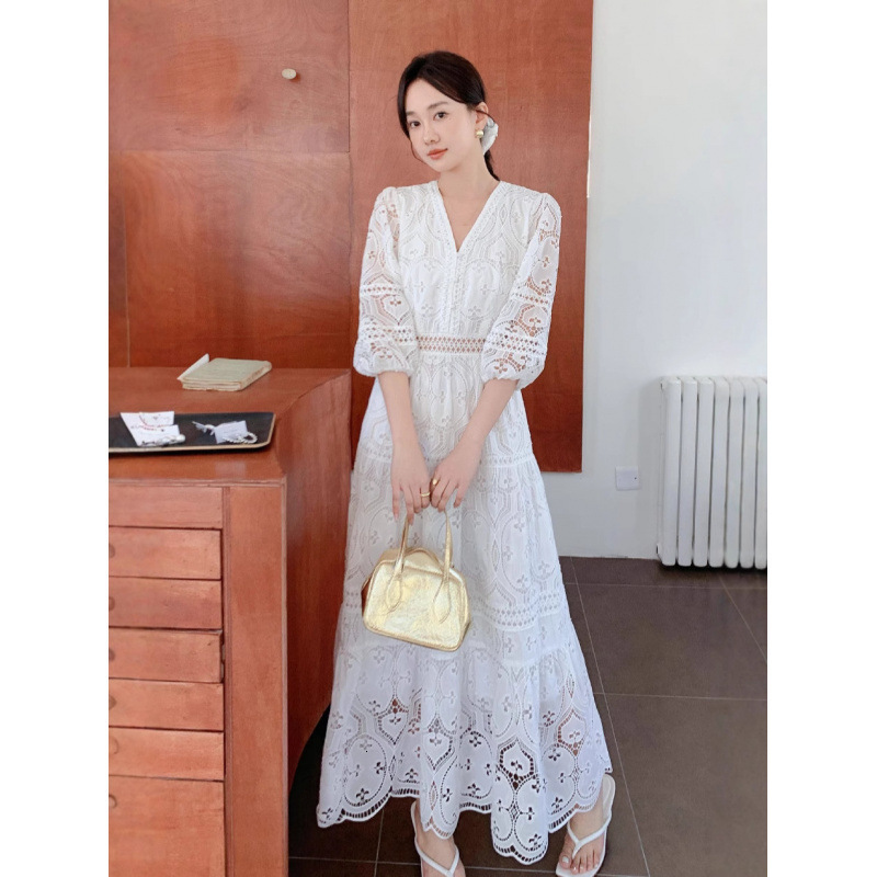 Women Sexy Deep V-Neck Layers Ruffles Party Long Dress self portrait Spring Hollow Out Lace Sleeve Maxi Cake 210520