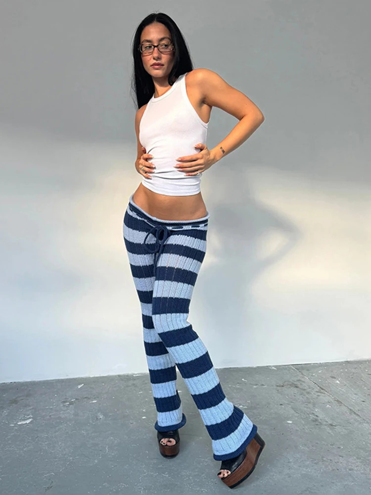 Kliou Stripe Patchwork Long Pants Woman Autumn Trend Crochet Shirring Elastic High Waist Skinny Peach Hip Street Style Bottoms 251222